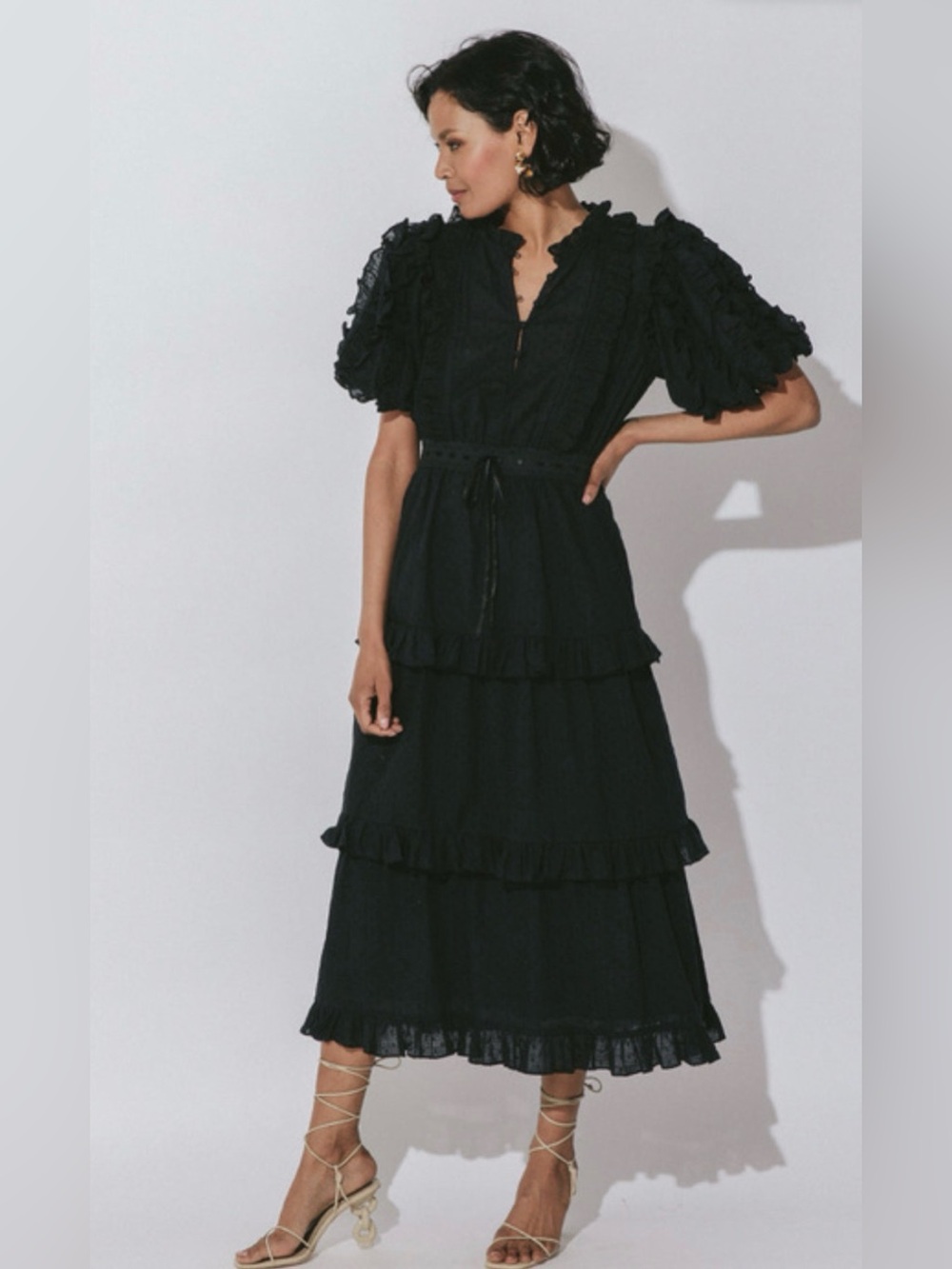 Cleobella Black Ruffled Tiered Midi Dress